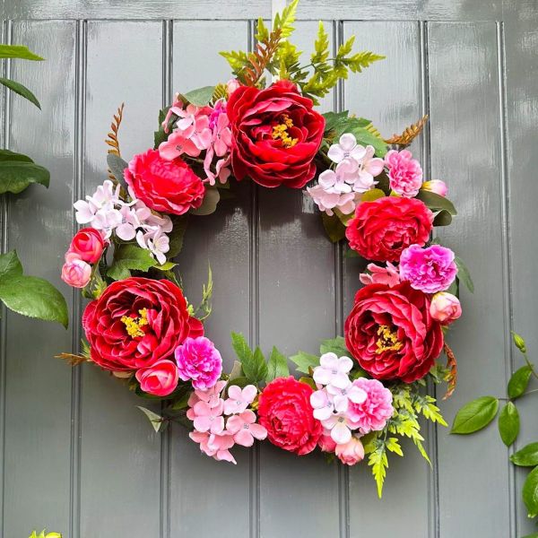 Huge Pink & Red Hydrangea and Rose 50cm Faux Flower Door Wreath