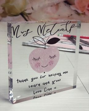 a picture of a personalised teacher apple acrylic block