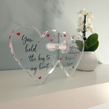 Personalised Hearts & Key Locked Clear Acrylic Block Couples Gift