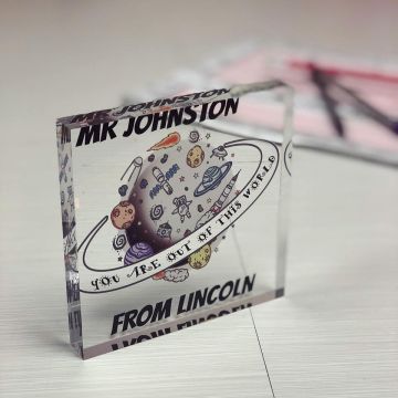 a picture of a personalised teacher space design acrylic block