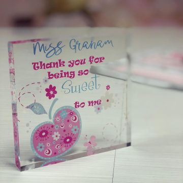 a picture of a personalised teacher floral apple acrylic block