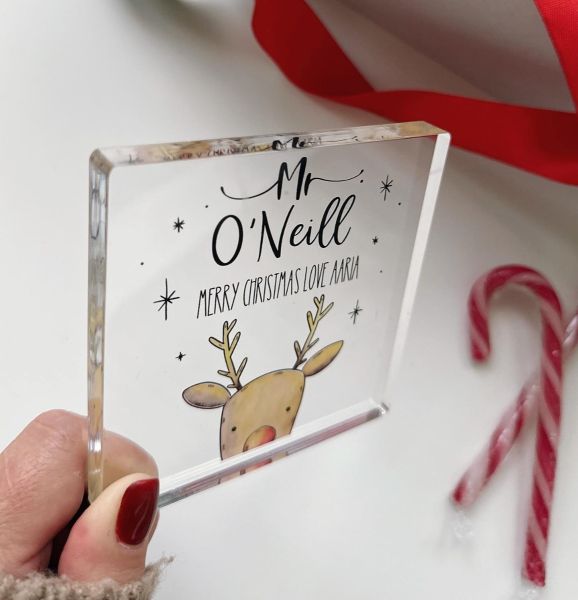 Personalised Christmas Reindeer Teacher Acrylic Block