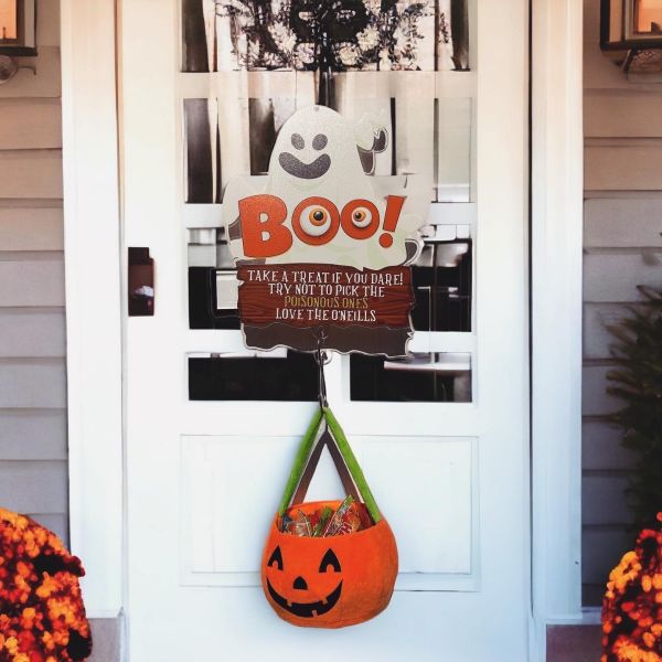Personalised Ghost Halloween Hanging Door Treat Sign