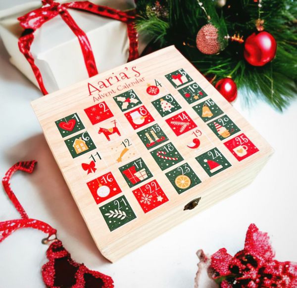 Personalised Wooden Christmas Advent Box - Red & Green
