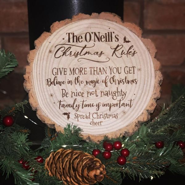 Personalised Christmas Rules Engraved Log Slice