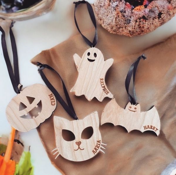 Personalised Set of 4 Wooden Engraved Halloween Decorations