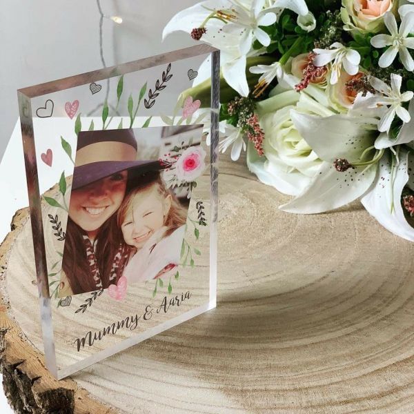 Personalised Hearts And Rose Photo Acrylic Block 