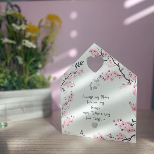 Personalised Freestanding Acrylic House Shaped Block - Cherry blossom