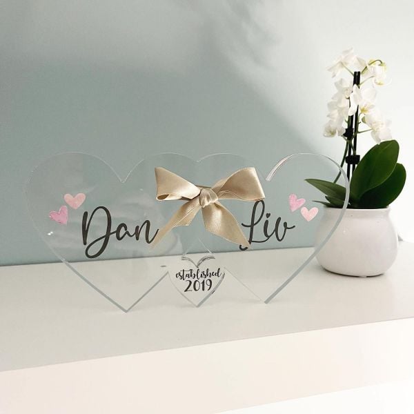 Personalised Clear Acrylic Linked Hearts Gift with Gold Ribbon