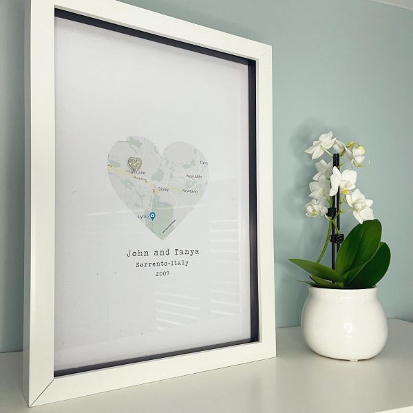 Personalised Heart Map Print with diamante - White Frame Gift