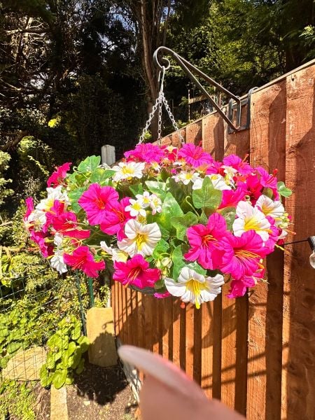 Huge Vibrant Faux Flower Pink & White Hanging Basket