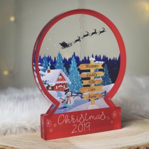 Personalised Ski Lodge Snowglobe Style Themed Ornament - RED