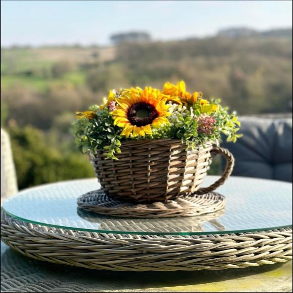 Deluxe Faux Sunflower Teacup Basket