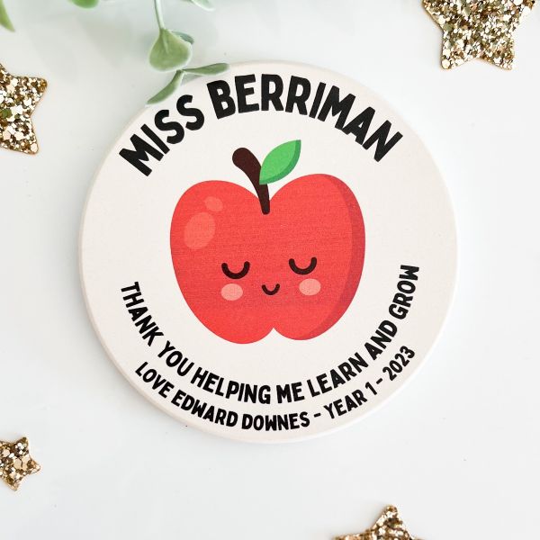 Personalised Ceramic Teacher Coaster - Apple Design