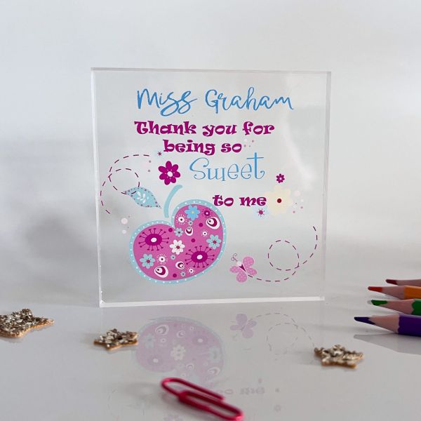 a picture of a personalised teacher floral apple acrylic block