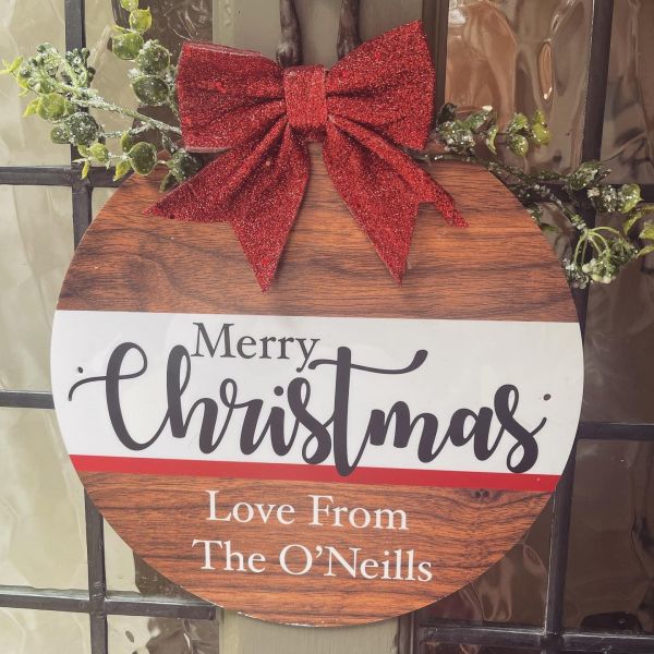 Christmas Wreath Sign - Wood with White Band