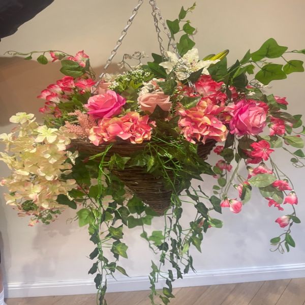 Huge silk flowered hanging basket - Deluxe Pinks